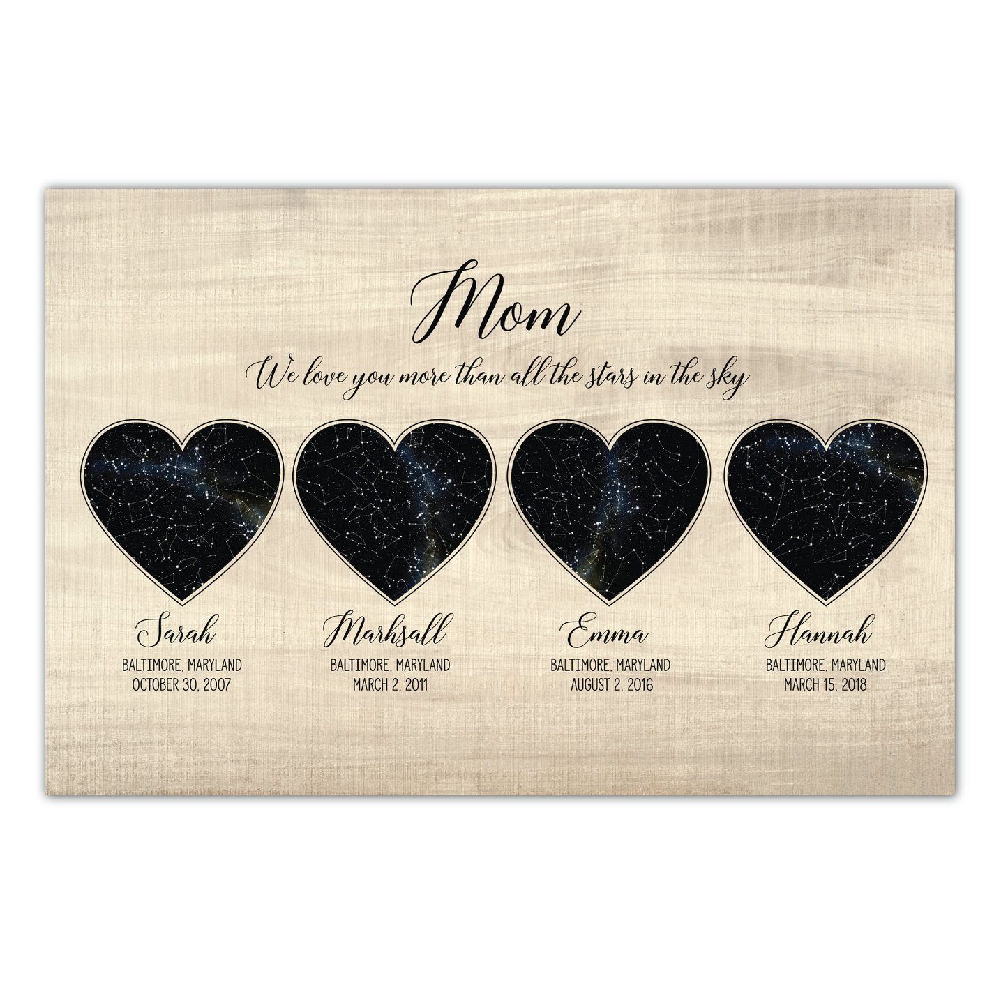 Personalized Heart Shaped Star Map w/ Wood Background - Custom Children Info - Perfect Mothers Day Gift