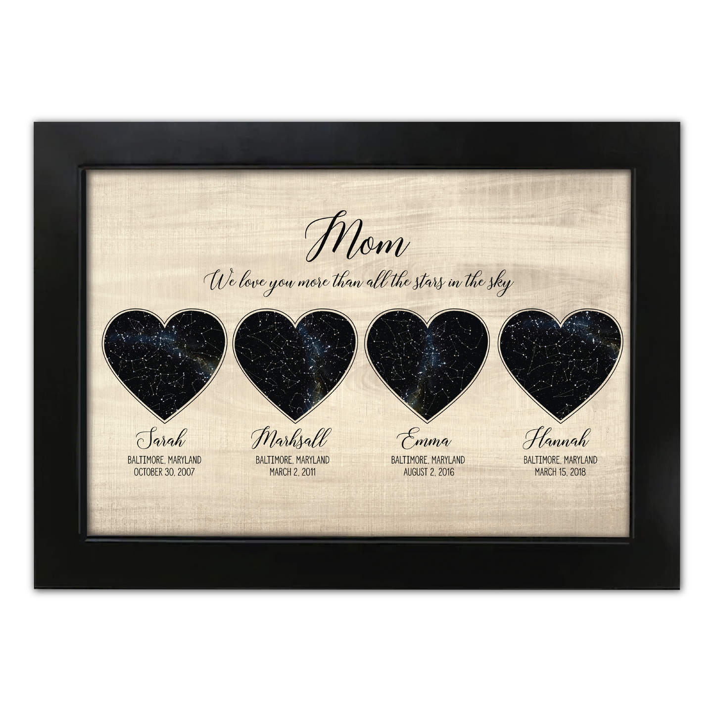 Personalized Heart Shaped Star Map w/ Wood Background - Custom Children Info - Perfect Mothers Day Gift