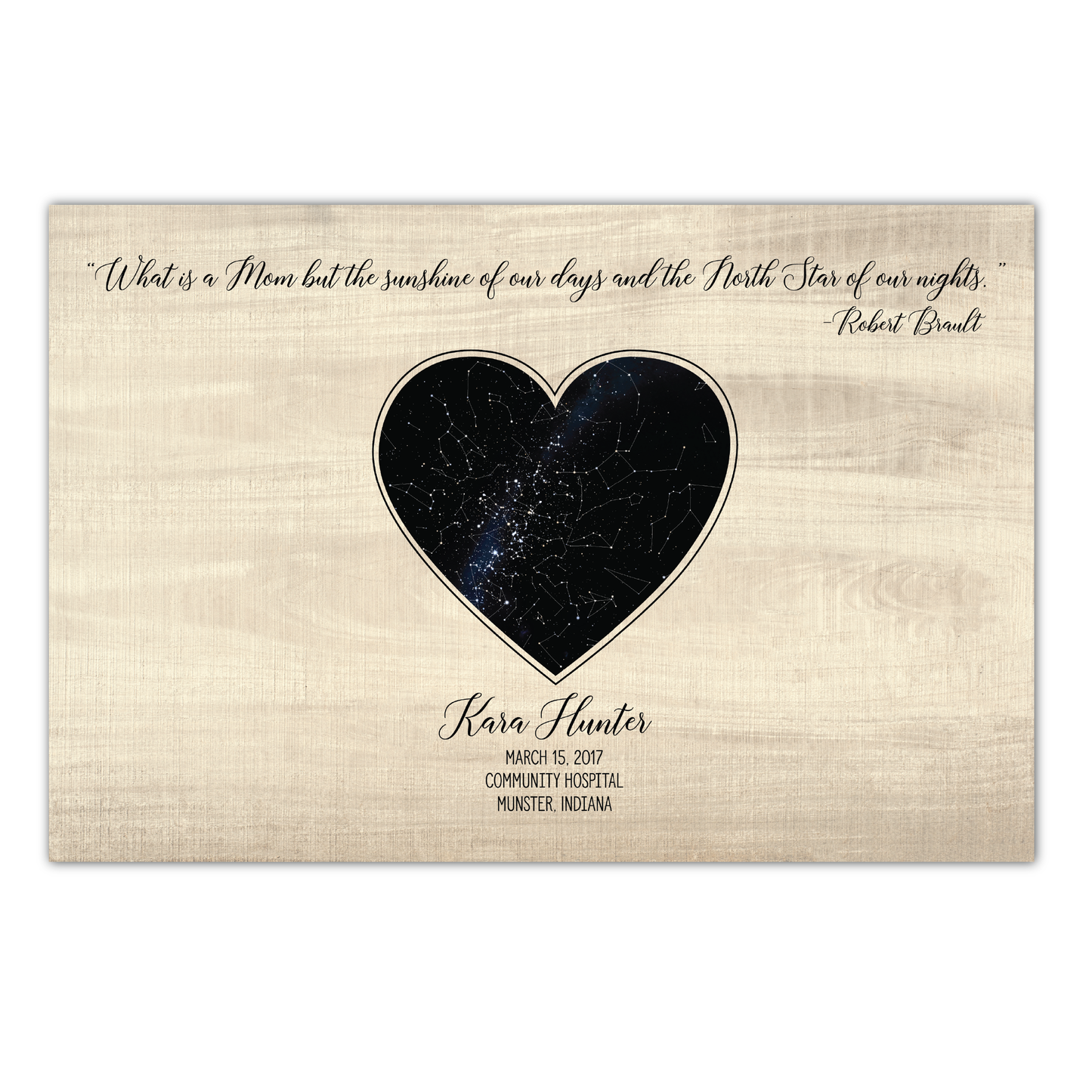 Mom Quote Personalized Heart Shaped Star Map w/ Wood Background - Custom Children Info - Perfect for Mothers Day Gift