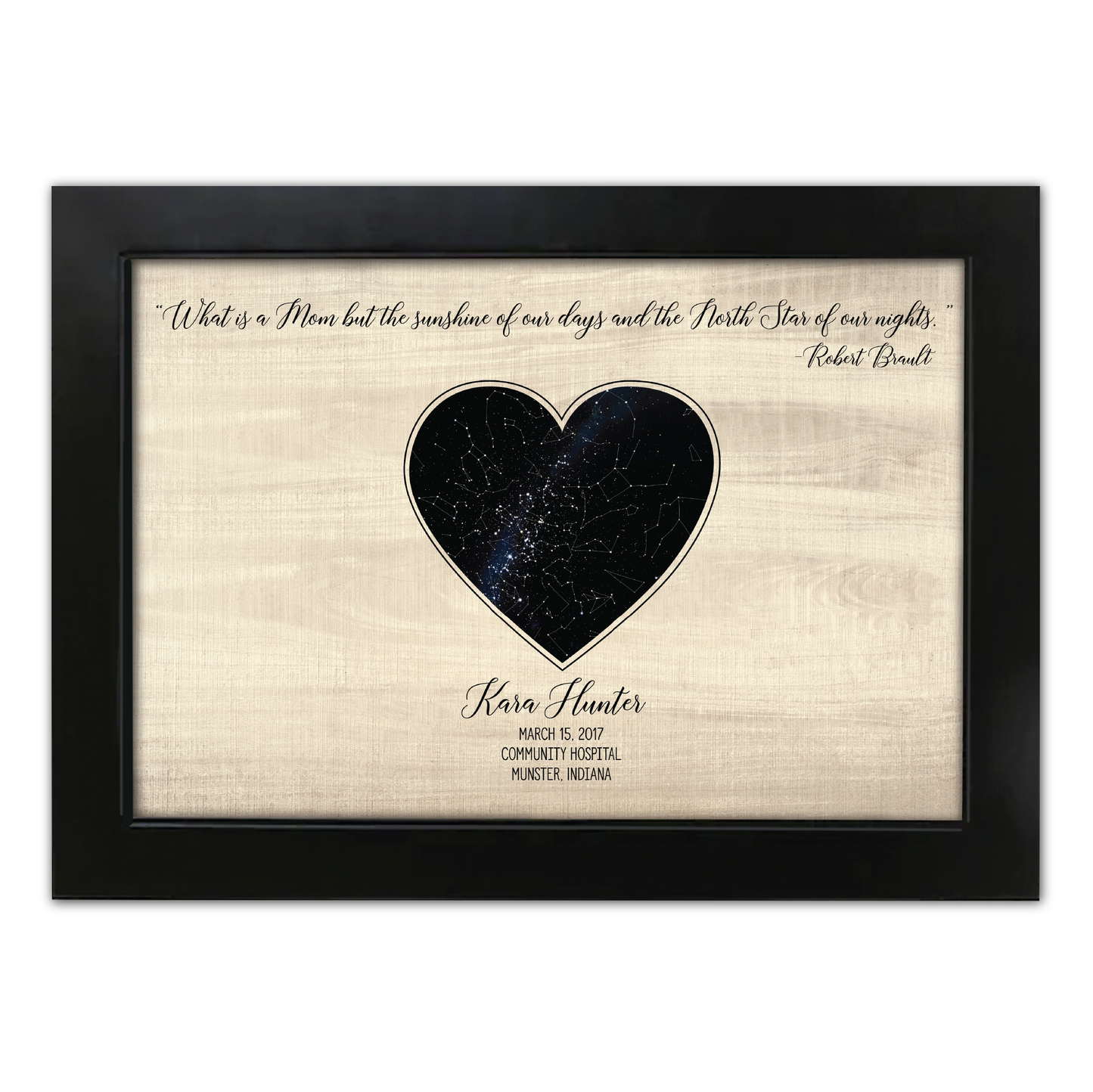 Mom Quote Personalized Heart Shaped Star Map w/ Wood Background - Custom Children Info - Perfect for Mothers Day Gift