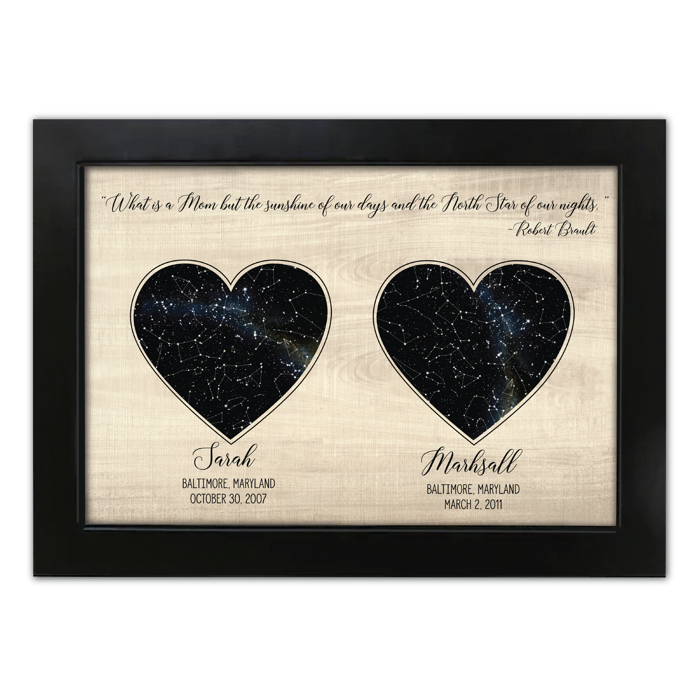 Mom Quote Personalized Heart Shaped Star Map w/ Wood Background - Custom Children Info - Perfect for Mothers Day Gift