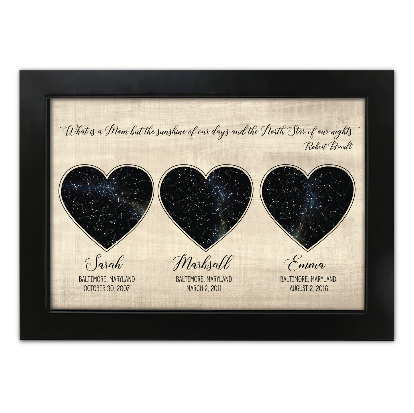 Mom Quote Personalized Heart Shaped Star Map w/ Wood Background - Custom Children Info - Perfect for Mothers Day Gift