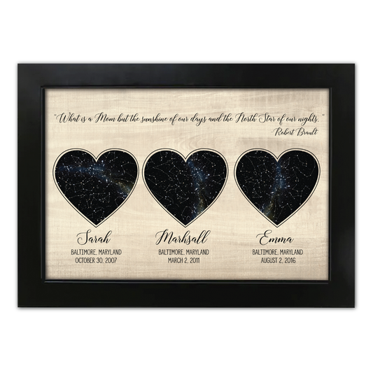 Mom Quote Personalized Heart Shaped Star Map w/ Wood Background - Custom Children Info - Perfect for Mothers Day Gift