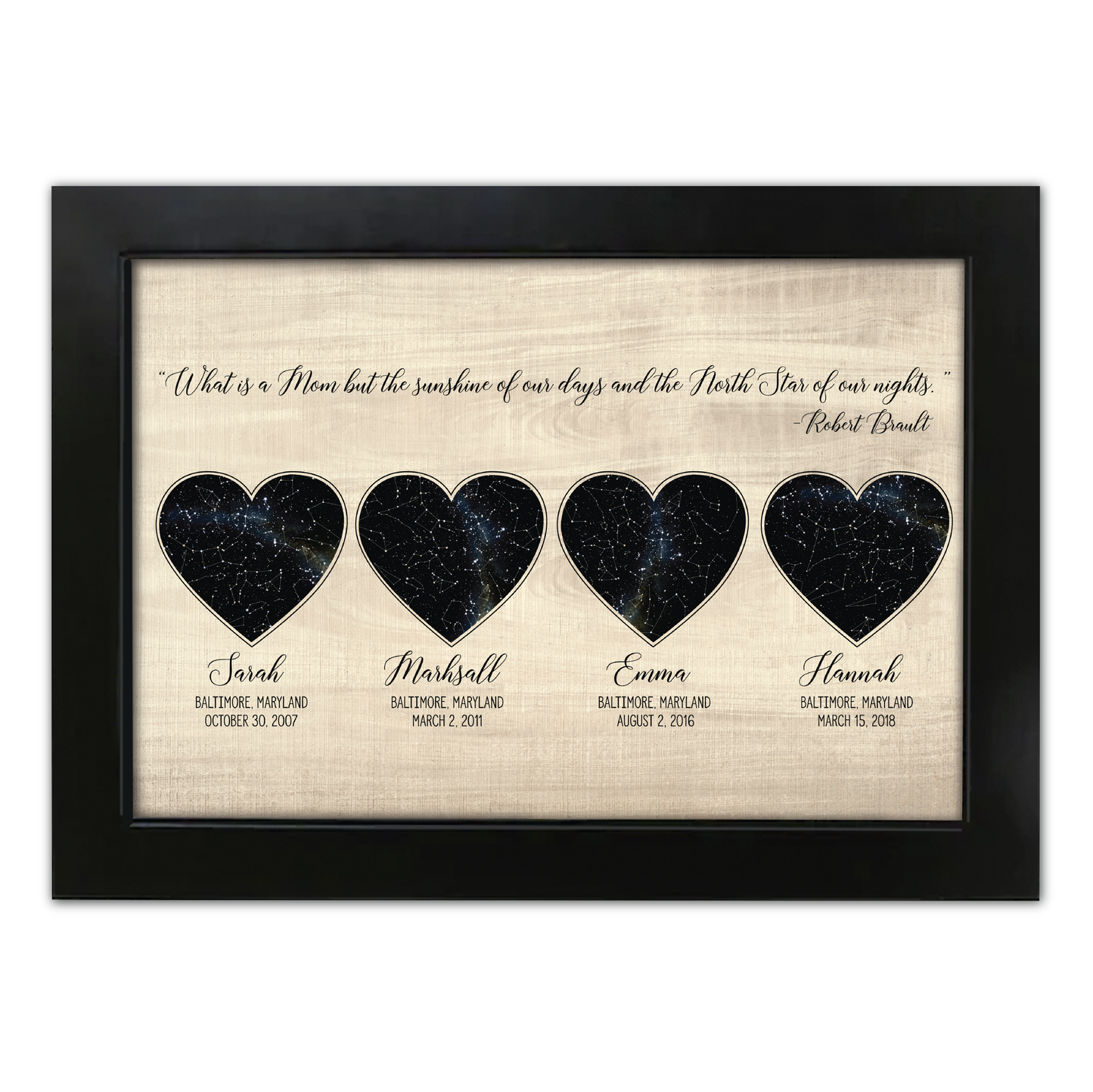 Mom Quote Personalized Heart Shaped Star Map w/ Wood Background - Custom Children Info - Perfect for Mothers Day Gift