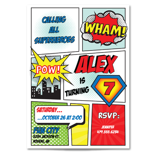 Superhero Birthday Invitation - Kids Superhero Themed Party Invite