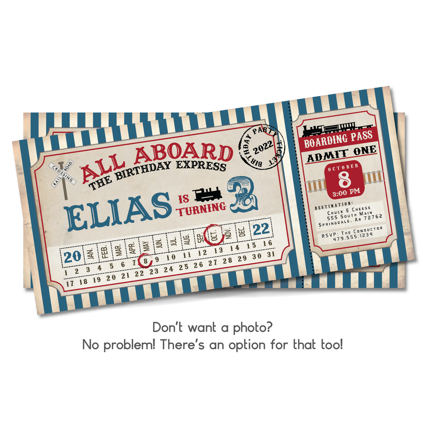 Vintage Train Ticket Birthday Invitation - Train Ticket Party Invite w/ Photo Customization