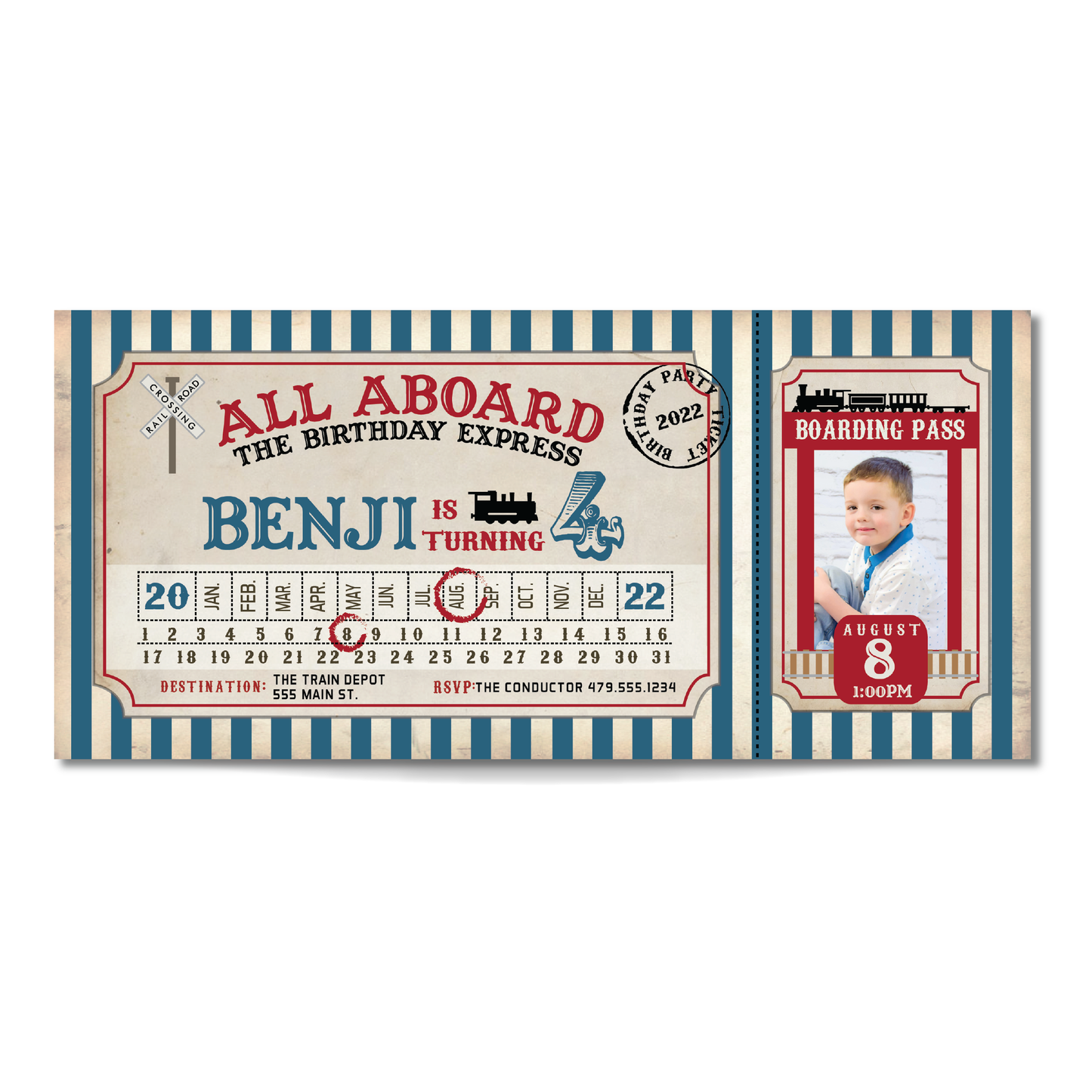 Vintage Train Ticket Birthday Invitation - Train Ticket Party Invite w/ Photo Customization