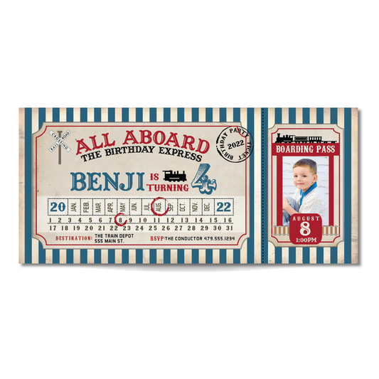 Vintage Train Ticket Birthday Invitation - Train Ticket Party Invite w/ Photo Customization