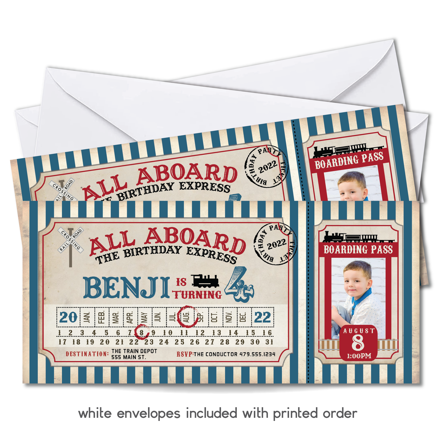 Vintage Train Ticket Birthday Invitation - Train Ticket Party Invite w/ Photo Customization