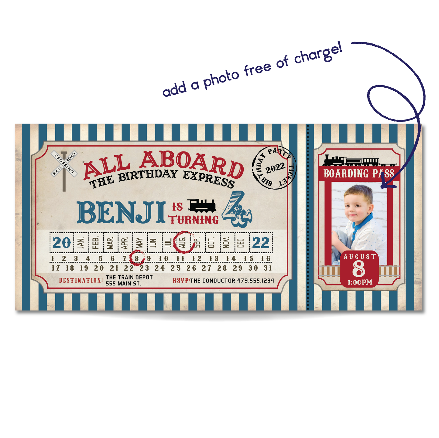 Vintage Train Ticket Birthday Invitation - Train Ticket Party Invite w/ Photo Customization