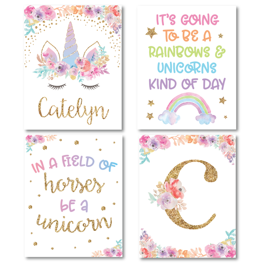 Unicorn Wall Art - Set of 4 - Kids Room Personalized Unicorn Wall Art