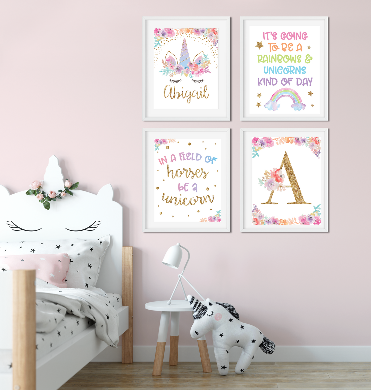 Unicorn Wall Art - Set of 4 - Kids Room Personalized Unicorn Wall Art