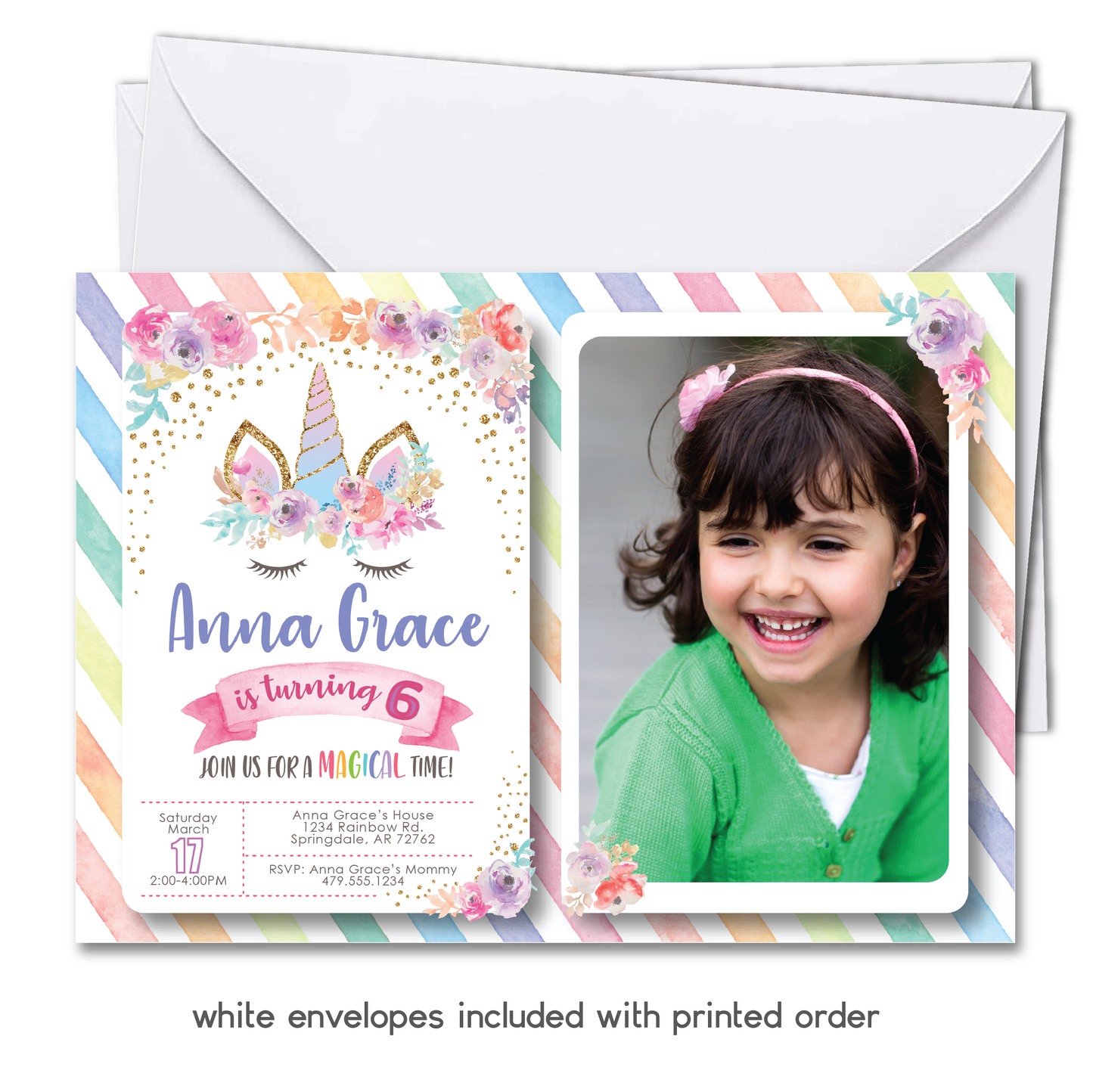 Kids Unicorn Birthday Invitation - Girls Unicorn Themed Party Invite w/ Photo Customization