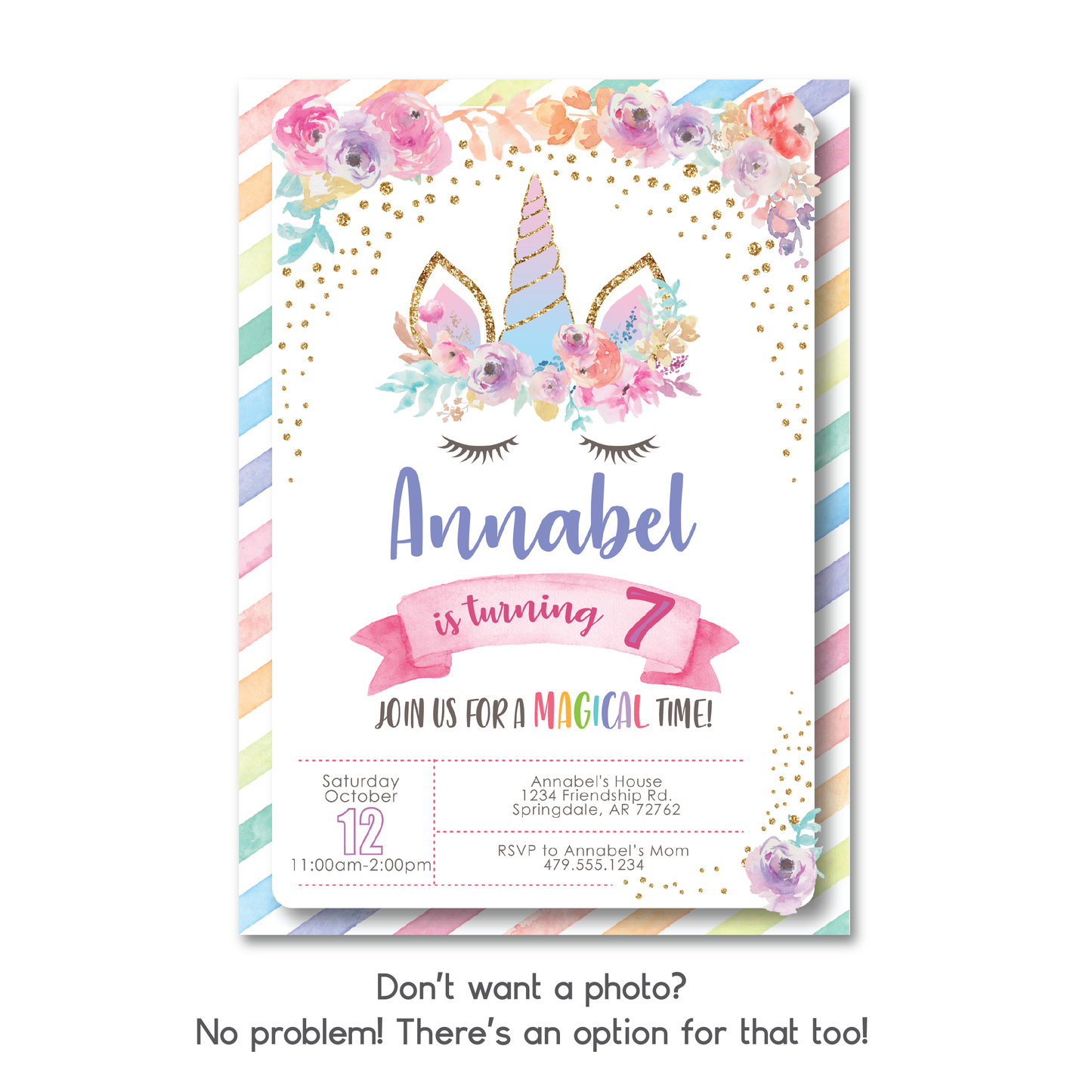 Kids Unicorn Birthday Invitation - Girls Unicorn Themed Party Invite w/ Photo Customization