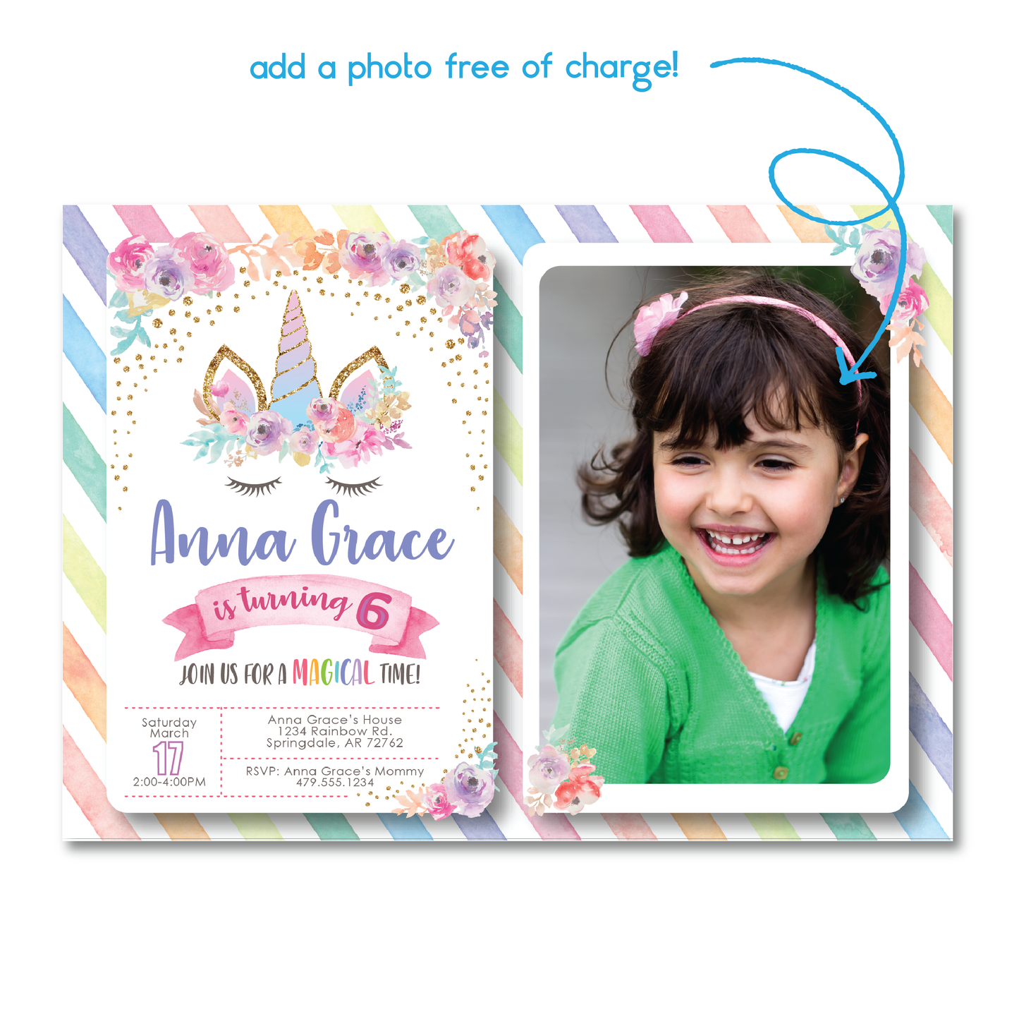 Kids Unicorn Birthday Invitation - Girls Unicorn Themed Party Invite w/ Photo Customization