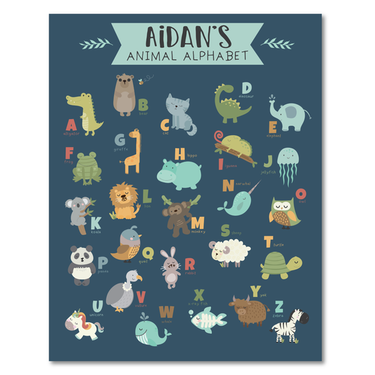 Personalized Animal Alphabet Wall Art Print - Kids Room & Nursery Zoo Animal Wall Art w/ Blue Background