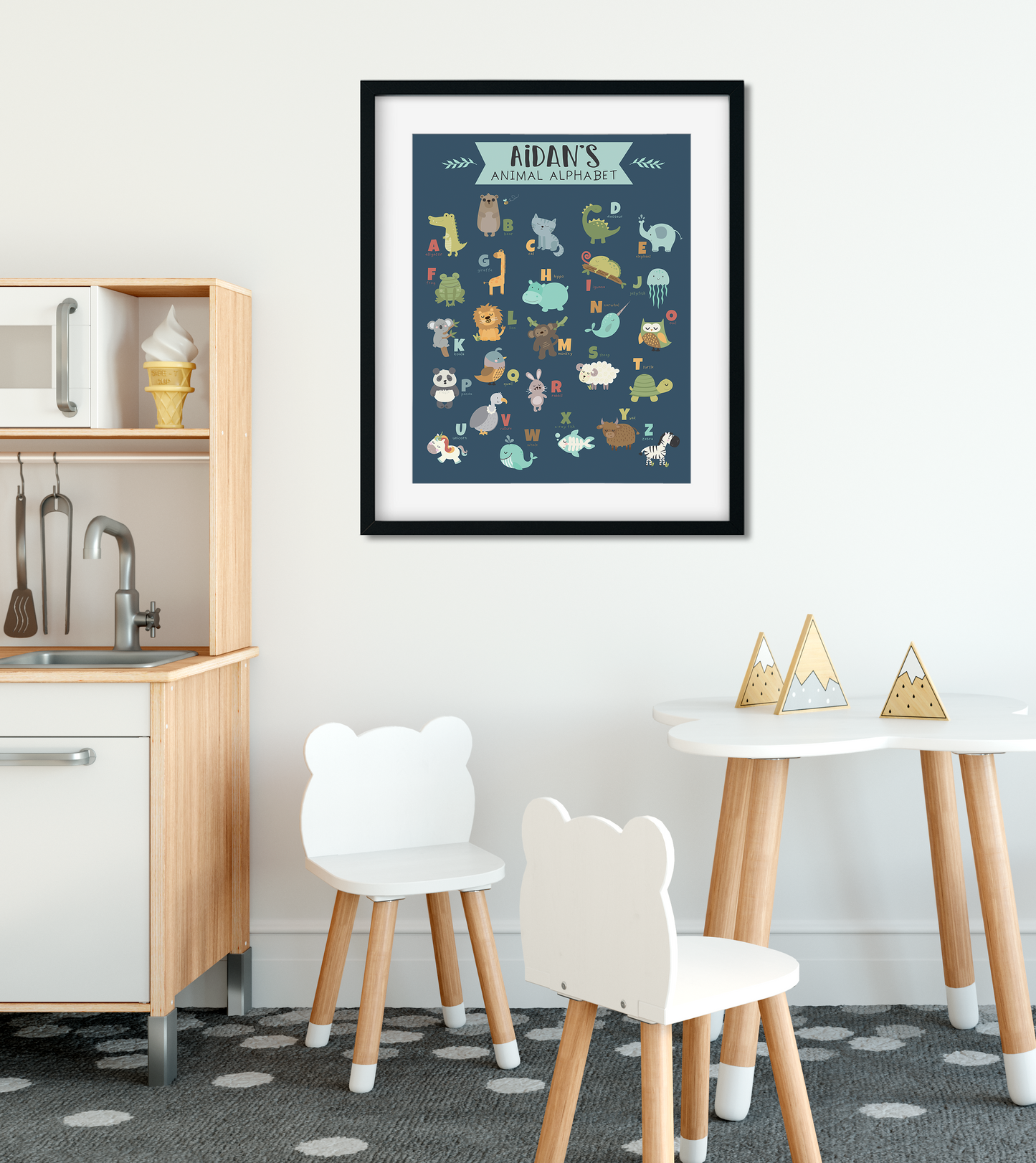 Personalized Animal Alphabet Wall Art Print - Kids Room & Nursery Zoo Animal Wall Art w/ Blue Background
