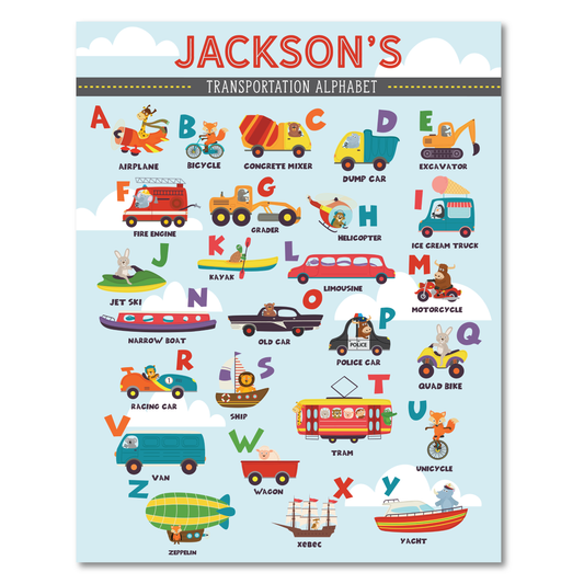 Personalized Transportation Alphabet Wall Art Print - Kids Room & Nursery Cars, Boats & More Wall Art