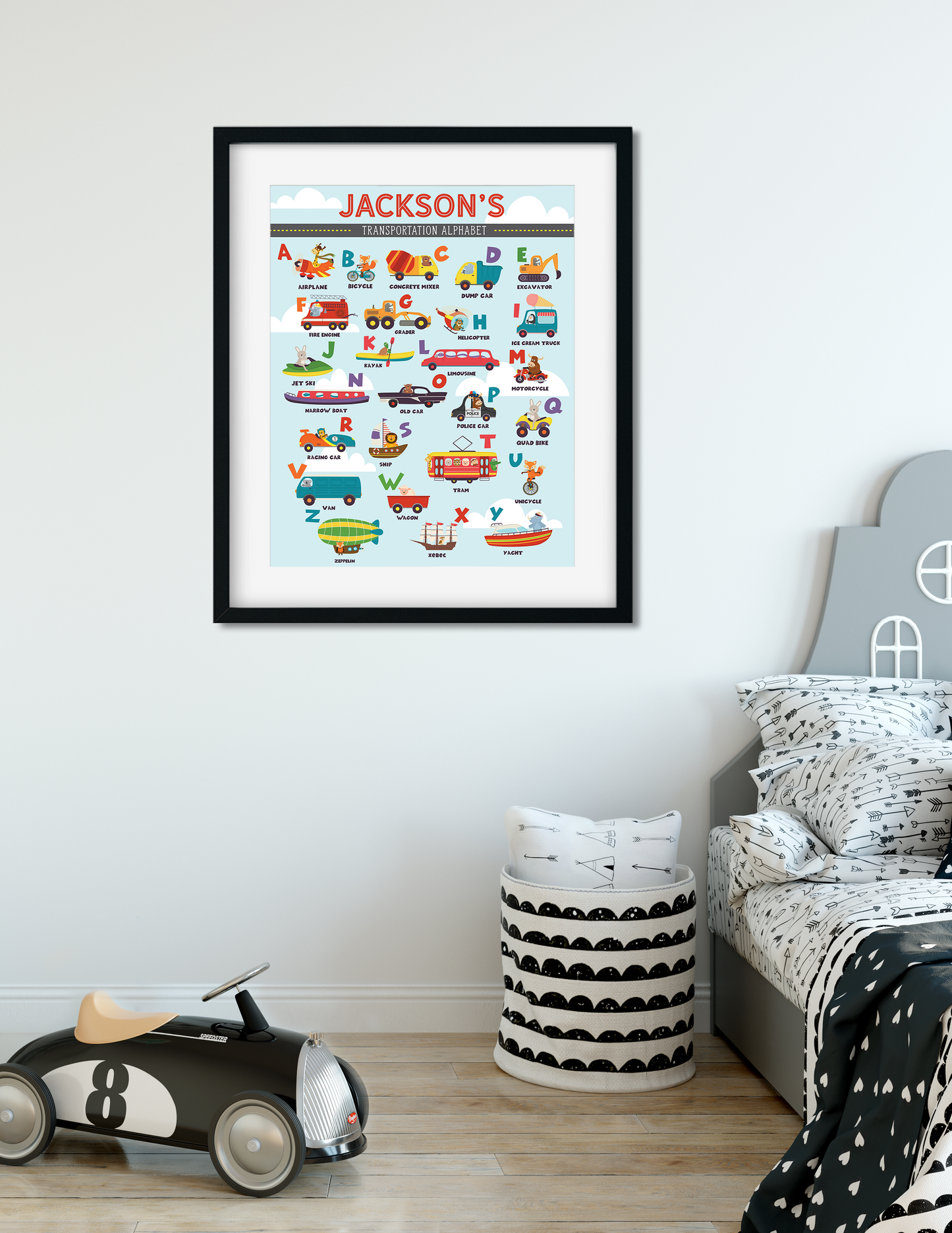 Personalized Transportation Alphabet Wall Art Print - Kids Room & Nursery Cars, Boats & More Wall Art
