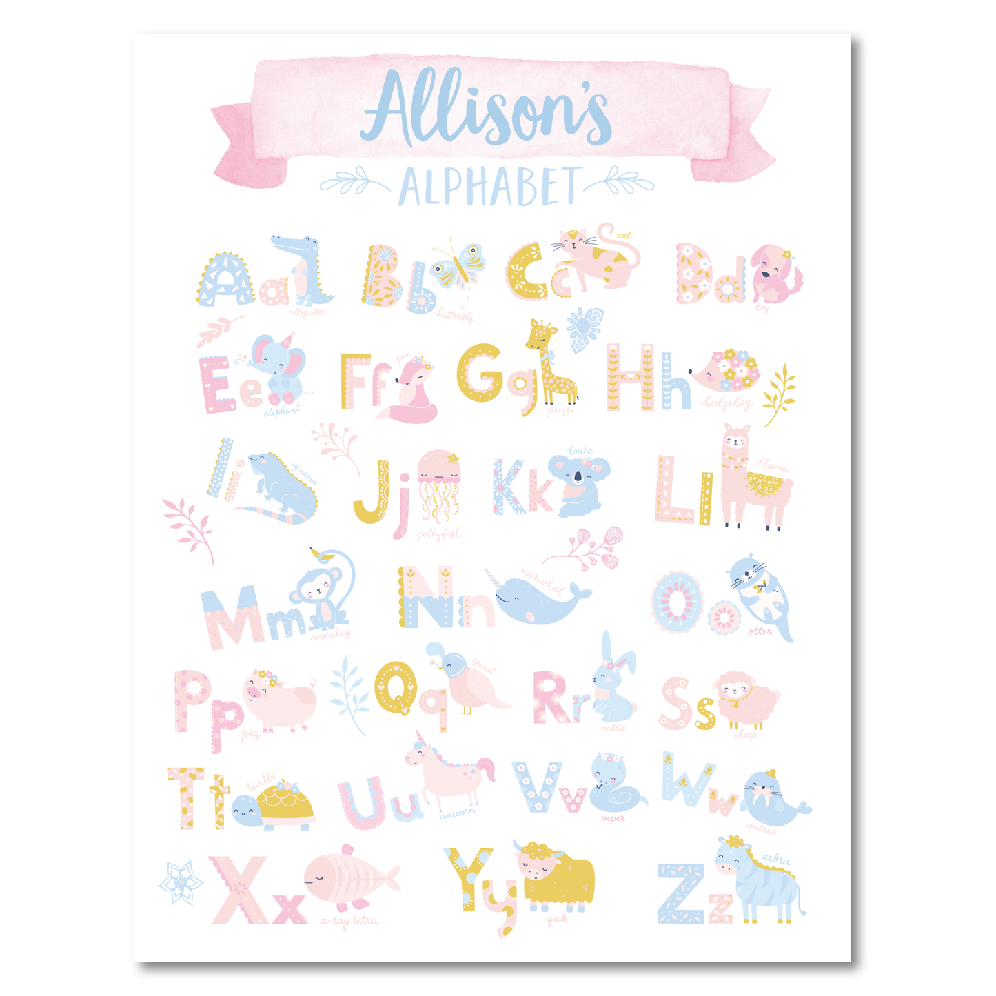 Personalized Baby Animal Alphabet Wall Art Print - Kids Room & Nursery Baby Zoo Animal Wall Art