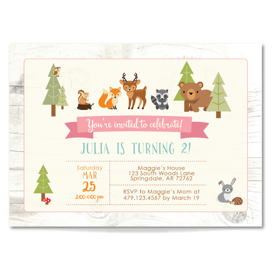 Woodland Birthday Invitation for Little Kids & Newborns - Woodland Animals Party Invite - Pink