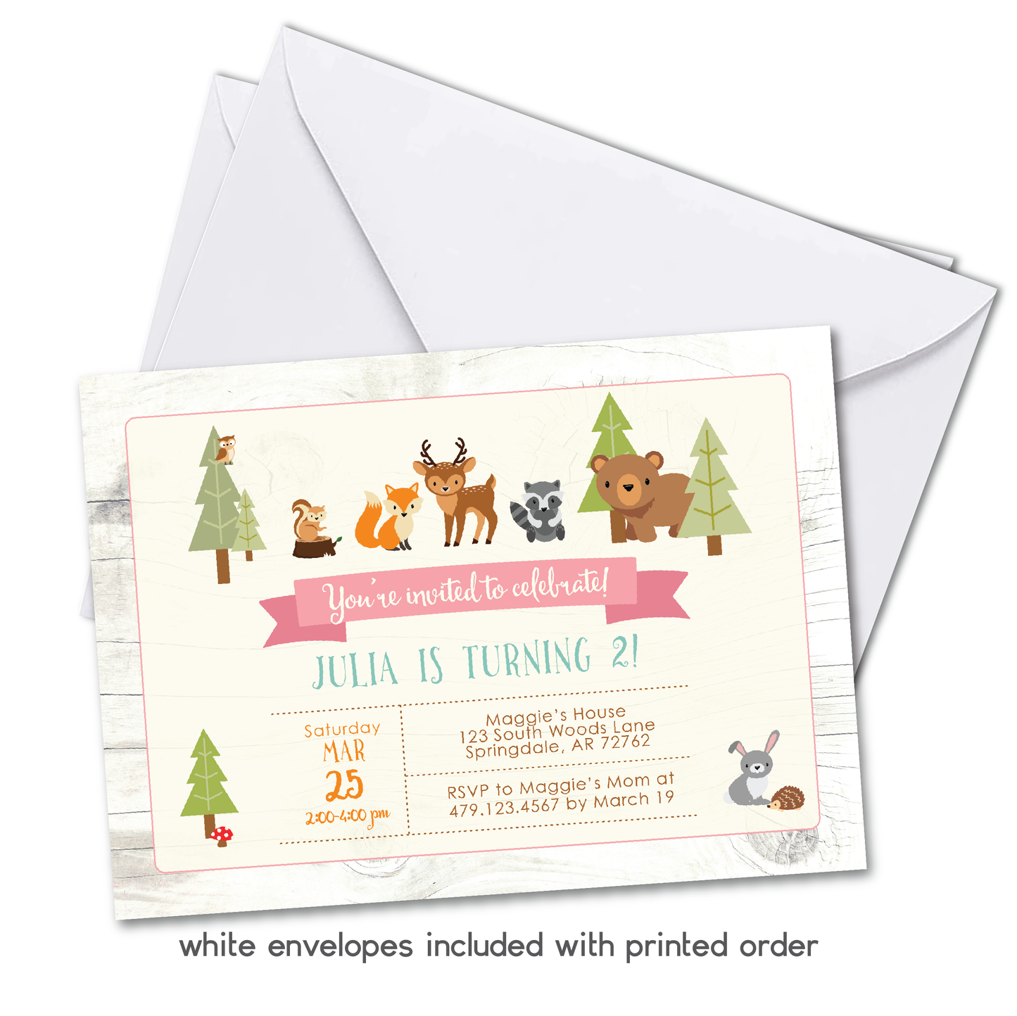 Woodland Birthday Invitation for Little Kids & Newborns - Woodland Animals Party Invite - Pink