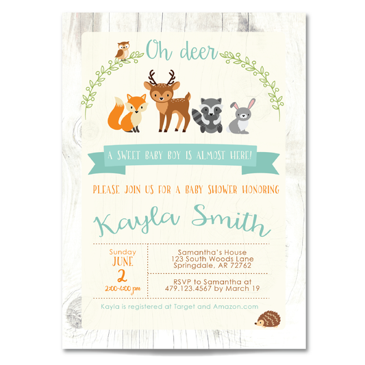 Woodland Baby Shower Invitation - Woodland Animals Baby Shower Party Invite - Teal