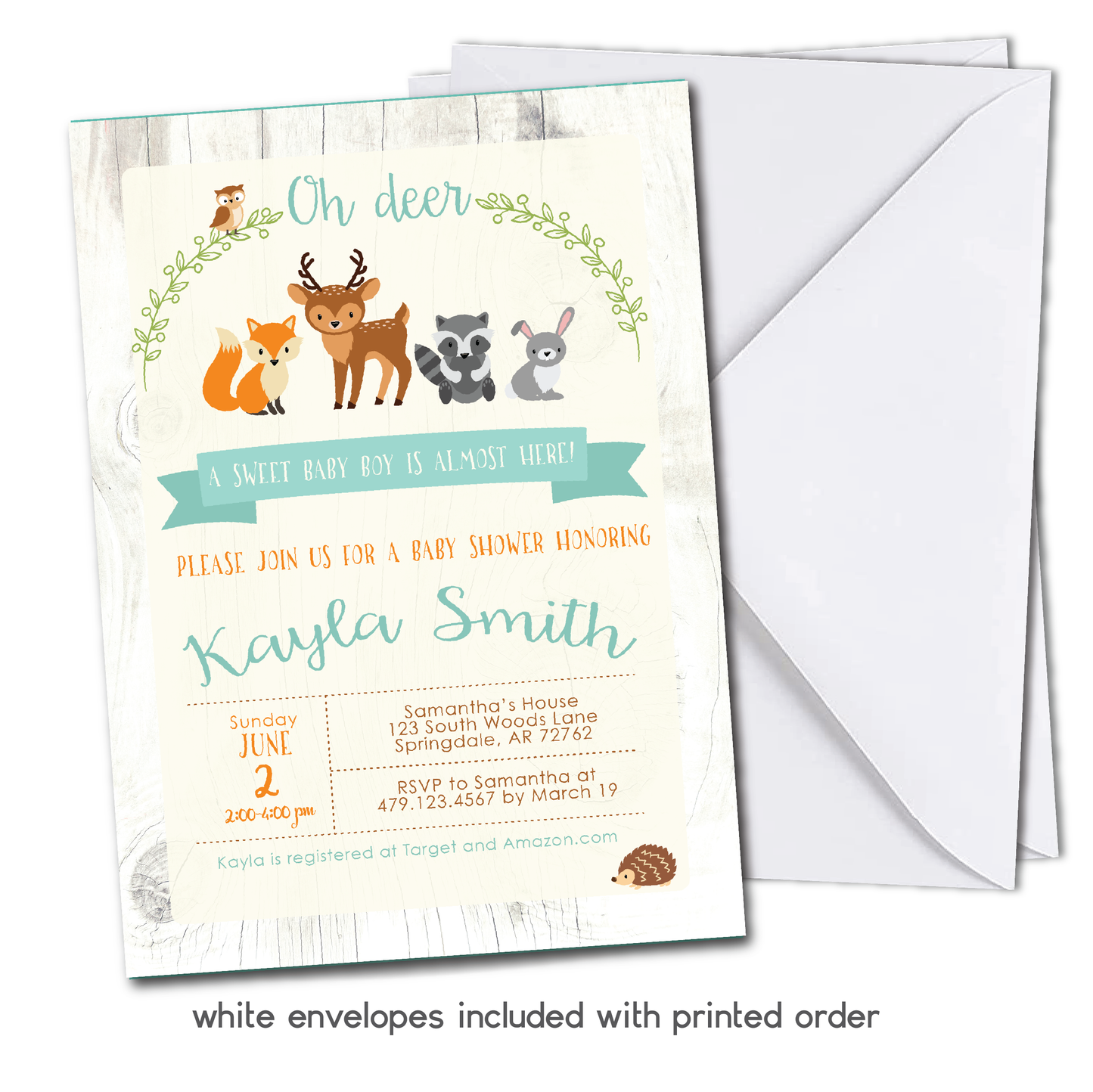 Woodland Baby Shower Invitation - Woodland Animals Baby Shower Party Invite - Teal