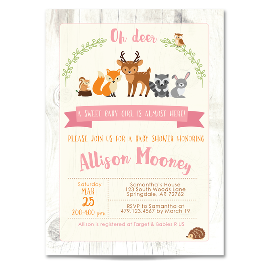 Woodland Baby Shower Invitation - Woodland Animals Baby Shower Party Invite - Pink