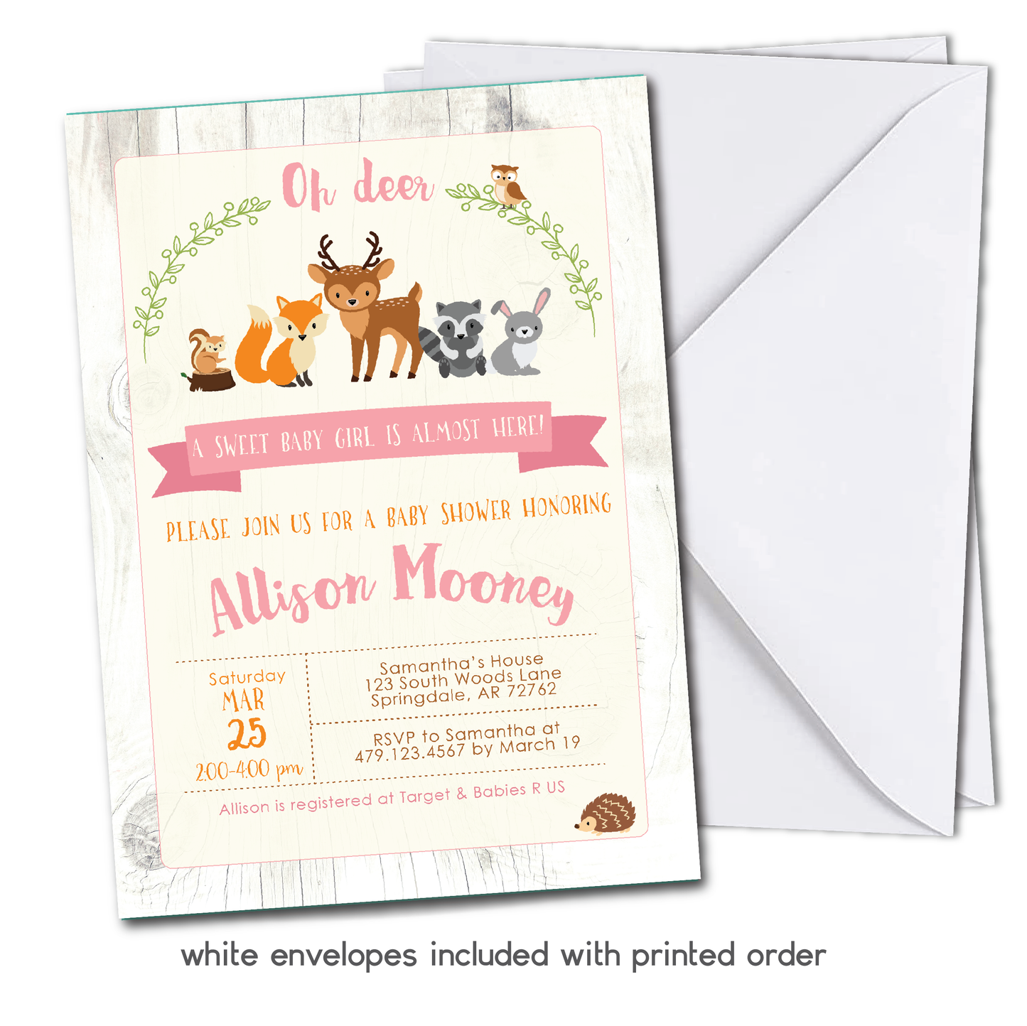 Woodland Baby Shower Invitation - Woodland Animals Baby Shower Party Invite - Pink