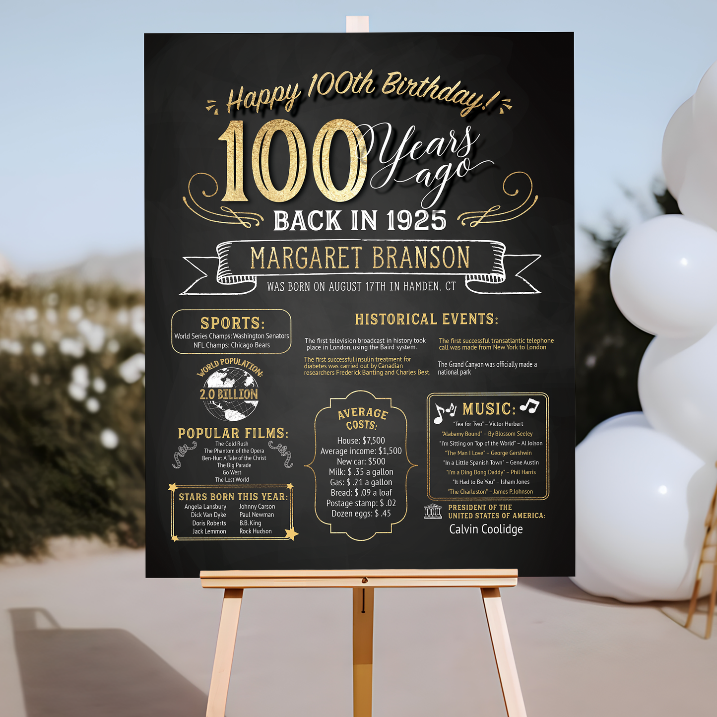 100th Birthday Sign, 100th Birthday Poster, Born in 1925