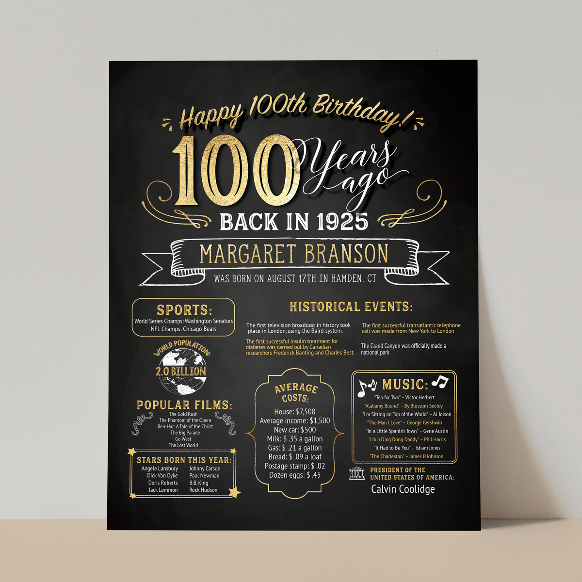 100th Birthday Sign, 100th Birthday Poster, Born in 1925