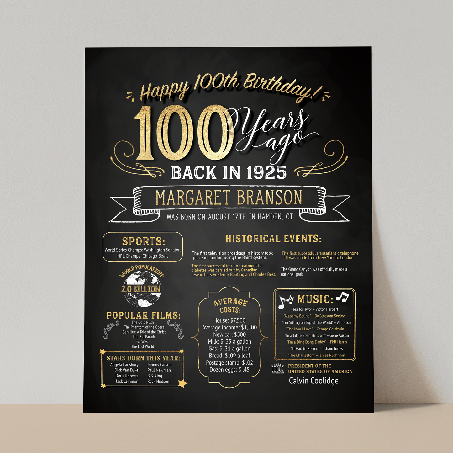100th Birthday Sign, 100th Birthday Poster, Born in 1925