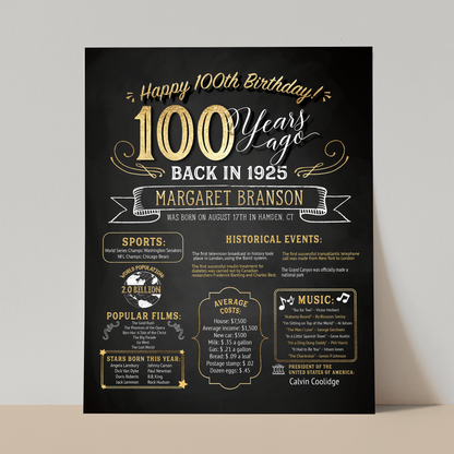 100th Birthday Sign, 100th Birthday Poster, Born in 1925