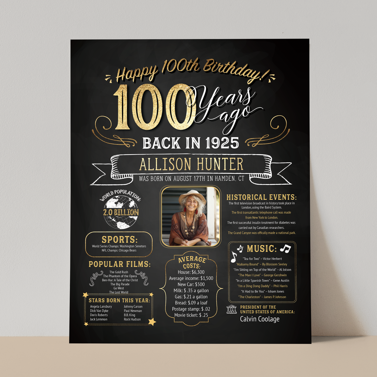 100th Birthday Sign With Photo, 100th Birthday Poster, Born in 1925