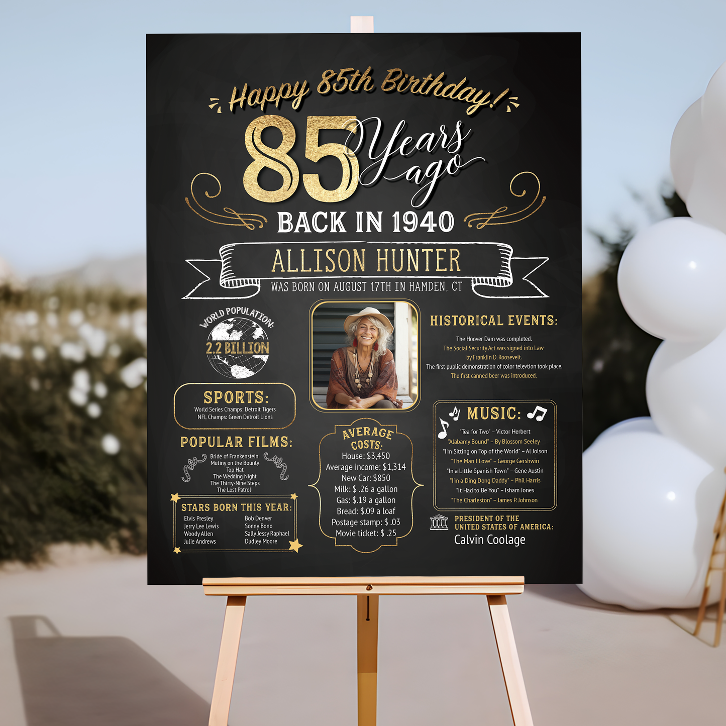 85th Birthday Sign With Photo, 85th Birthday Poster, Born in 1940