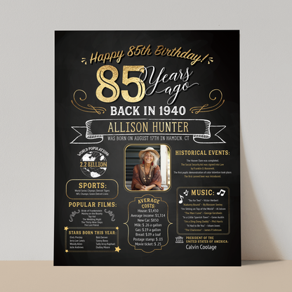 85th Birthday Sign With Photo, 85th Birthday Poster, Born in 1940