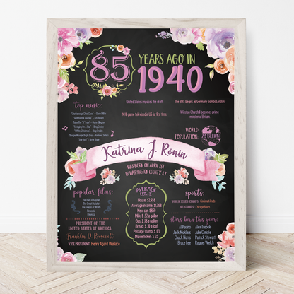 85th Floral Birthday Sign, 85th Birthday Poster, Born in 1940, Chalkboard Floral