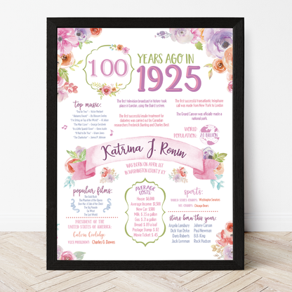 100th Floral Birthday Sign, 100th Birthday Poster, Born in 1925, White Floral