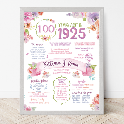 100th Floral Birthday Sign, 100th Birthday Poster, Born in 1925, White Floral