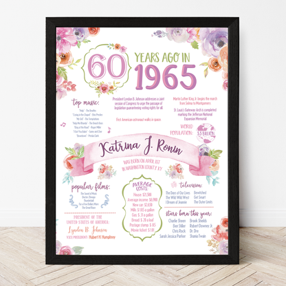 60th Floral Birthday Sign, 60th Birthday Poster, Born in 1965, White Floral