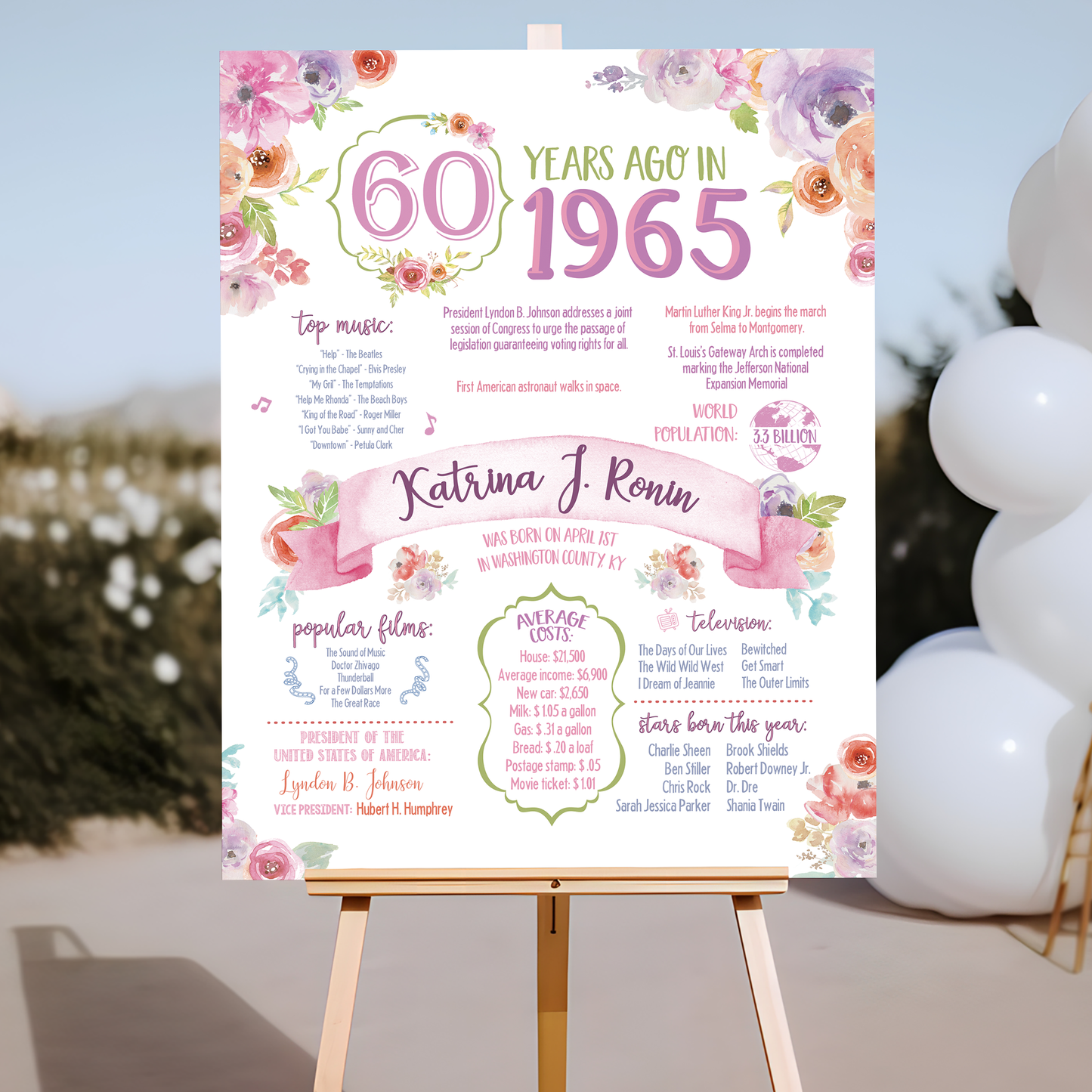 60th Floral Birthday Sign, 60th Birthday Poster, Born in 1965, White Floral