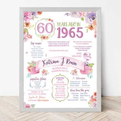 60th Floral Birthday Sign, 60th Birthday Poster, Born in 1965, White Floral
