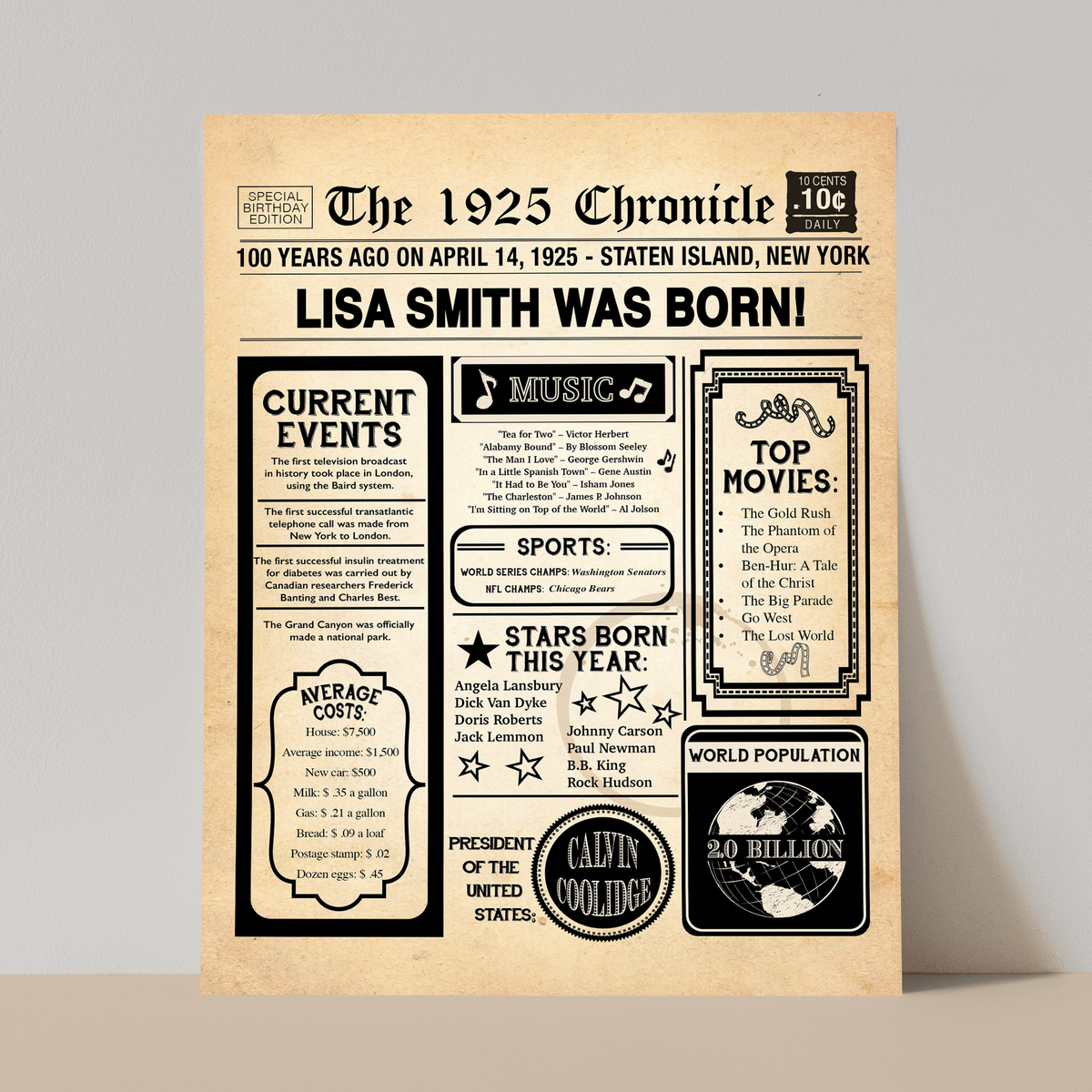 100th Newspaper Birthday Sign, 100th Birthday Poster, Born in 1925