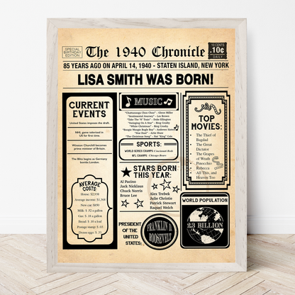 85th Newspaper Birthday Sign, 85th Birthday Poster, Born in 1940