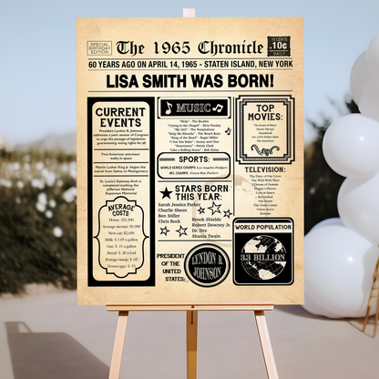 60th Newspaper Birthday Sign, 60th Birthday Poster, Born in 1965