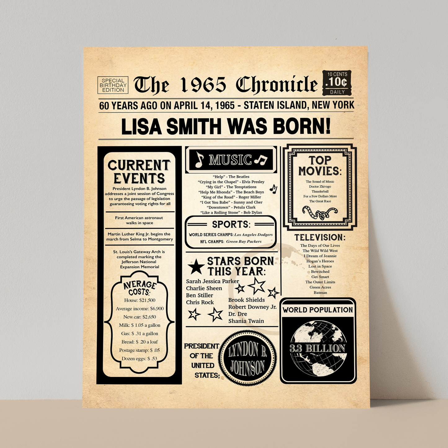 60th Newspaper Birthday Sign, 60th Birthday Poster, Born in 1965