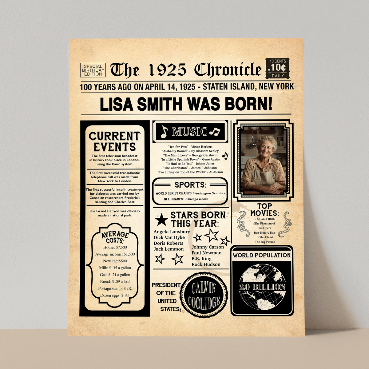 100th Newspaper Birthday Sign With Photo, 100th Birthday Poster, Born in 1925