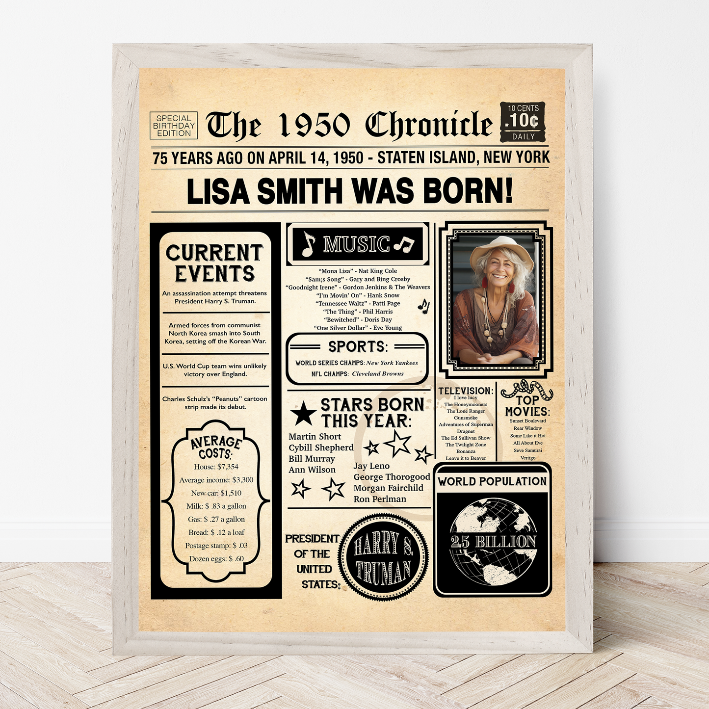 75th Newspaper Birthday Sign With Photo, 75th Birthday Poster, Born in 1950