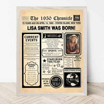 75th Newspaper Birthday Sign With Photo, 75th Birthday Poster, Born in 1950